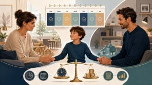 הורות משותפת ומזונות ילדים — איור המציג שני הורים החולקים זמני שהות, הכנסות וצרכי ילד לצורך חישוב מזונות בהורות משותפת | עורך דין מוטי גרטל